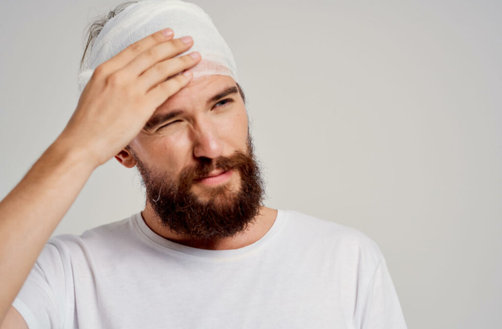 A man with a bandage on his head who suffered from a concussion is touching his head and experiencing headaches.