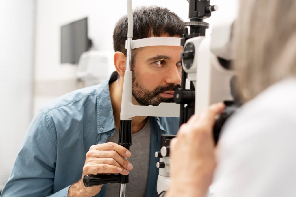 Man sitting at a slit lamp while an optometrist examines his eyes during a comprehensive eye exam.
