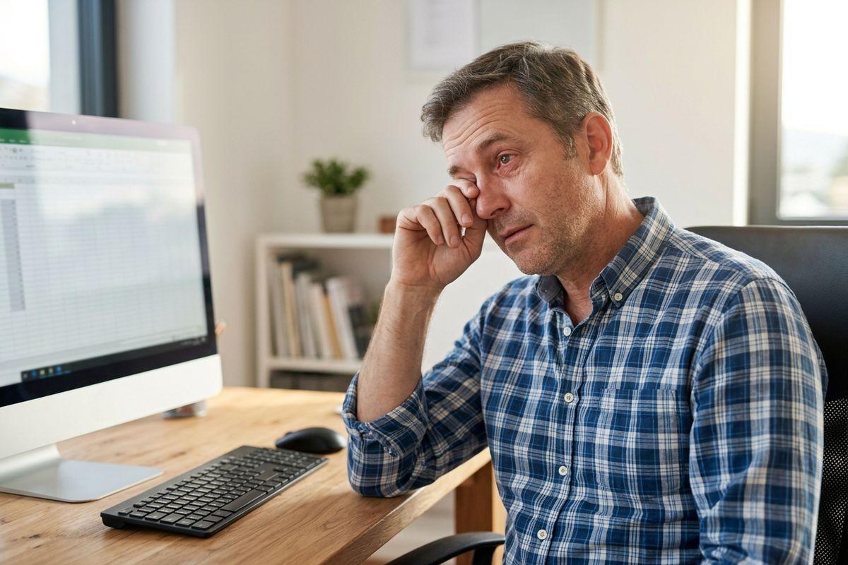 Adult in plaid shirt rubbing their eye while sitting at a desk in front of a computer displaying a spreadsheet.