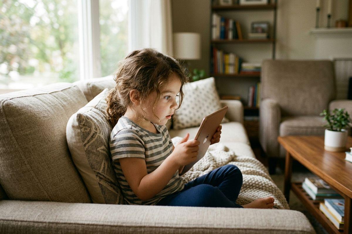 Child sitting on a couch, looking intently at a tablet held in both hands, in a living room.