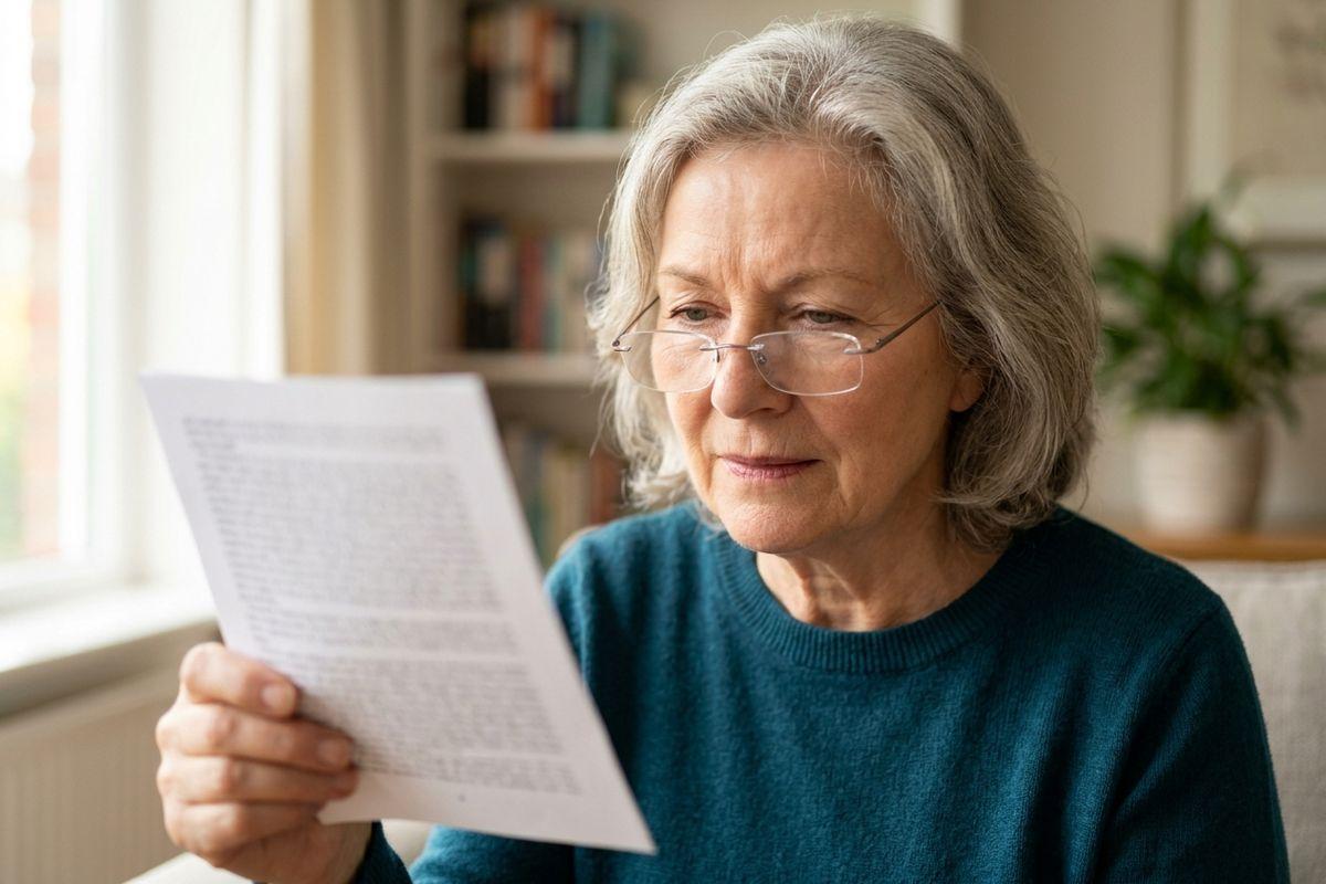 Older adult with gray hair and reading glasses reading a printed document at home, looking focused.