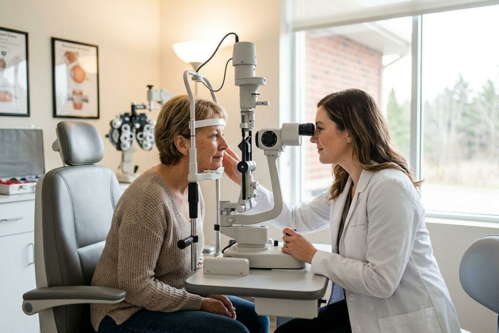 Optometrist examining a patient's eyes with a slit lamp in an exam room.