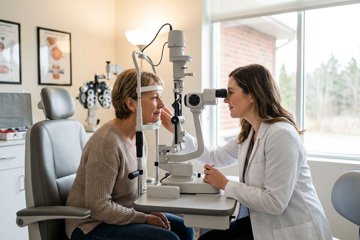 Optometrist examining a patient's eyes with a slit lamp in an exam room.