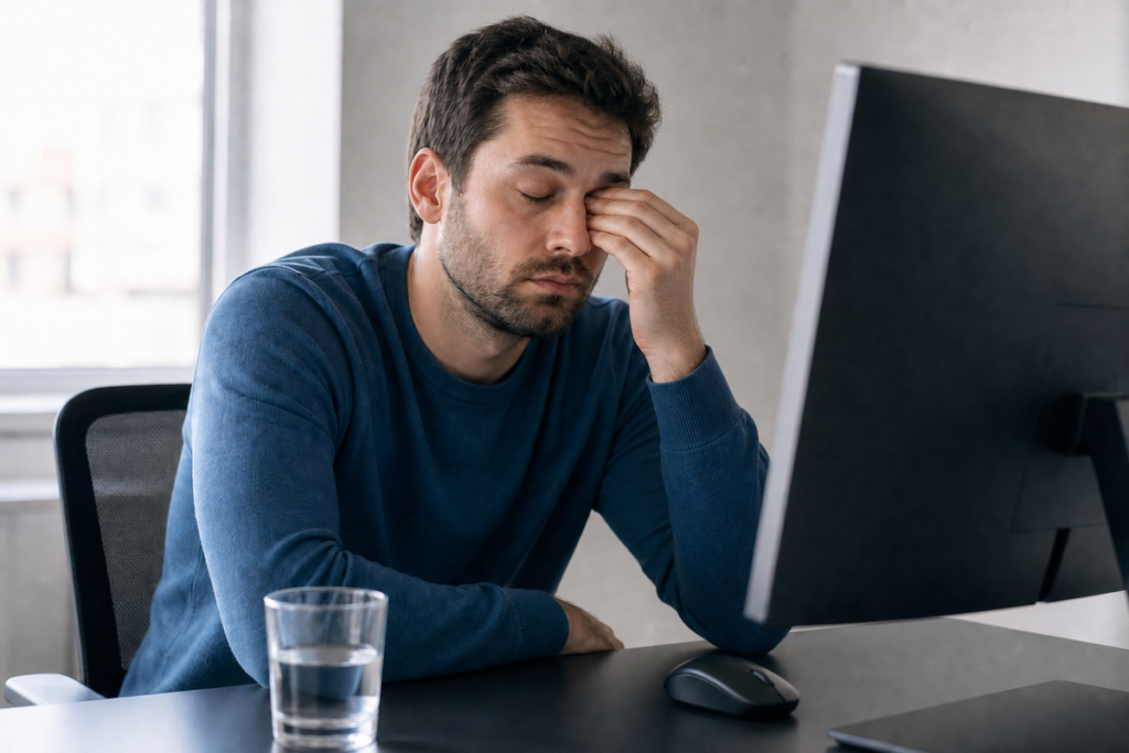 Person in blue sweater rubbing eye while sitting at a desk with a monitor, mouse, and glass of water.